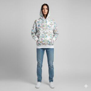 SANRIO Hello Kitty Bustling Town White/Multi Pullover Hoodie Adult L NEW-RARE